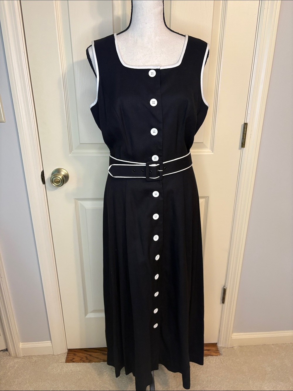 Vintage TALBOTS Belted Linen Black White Piping Button Down Sun Dress size 12 - Picture 1 of 11